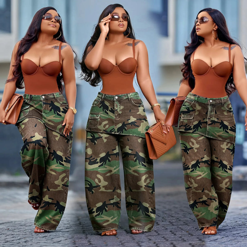 Camo Wide-Leg Denim Pants | MzStar Fashion