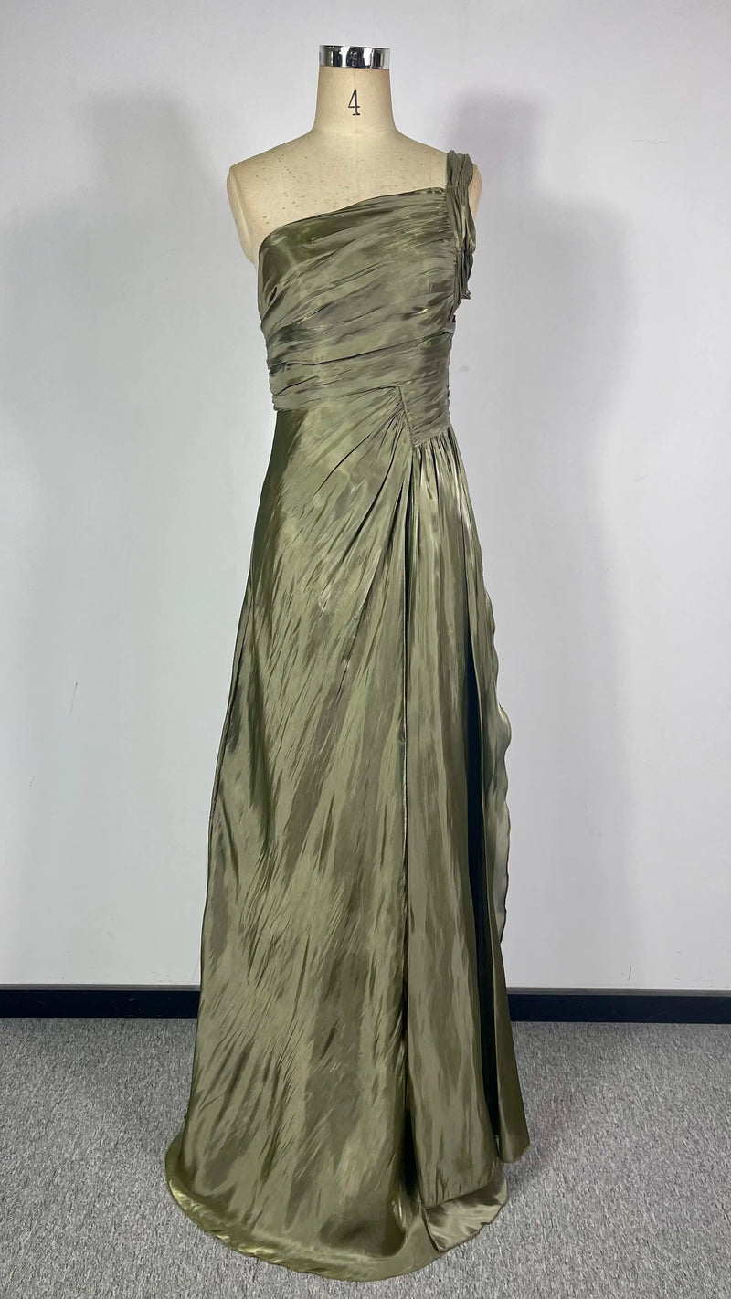 Olive Satin One-Shoulder Gown | MzStar Fashion | view 7