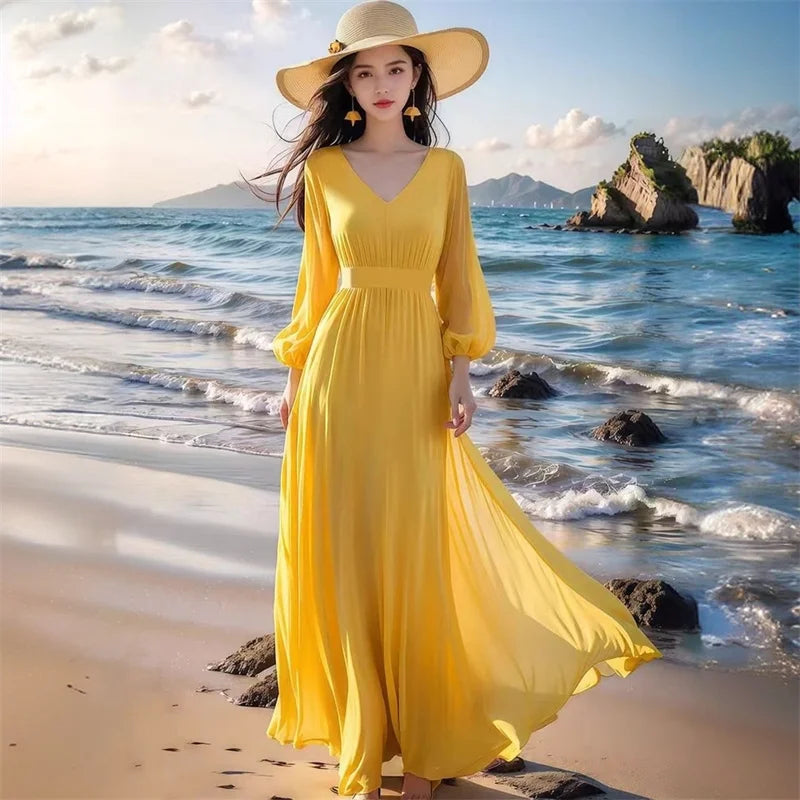 Yellow Chiffon Swing Maxi Dress | MzStar Fashion | view 8