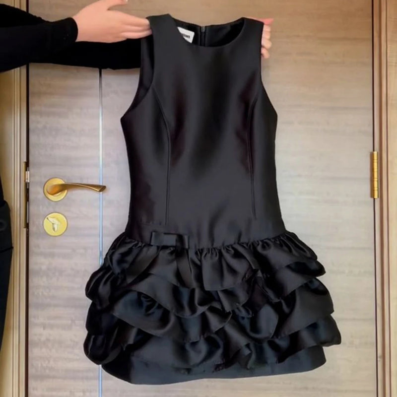 Black Satin Ruffle Vest Dress | MzStar Fashion | view 2