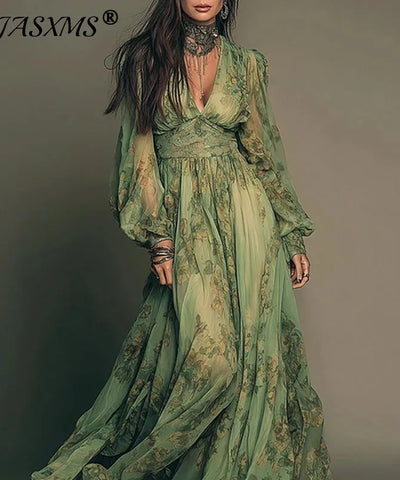 Floral Deep-V A-Line Dress | MzStar Fashion