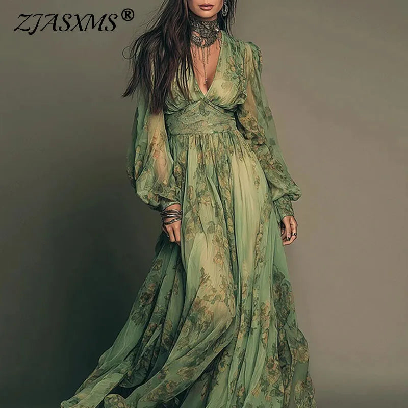 Floral Deep-V A-Line Dress | MzStar Fashion