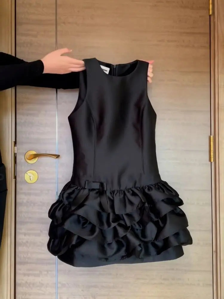 Black Satin Ruffle Vest Dress | MzStar Fashion | view 5