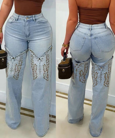 Striped Embroidery Straight Jeans | MzStar Fashion