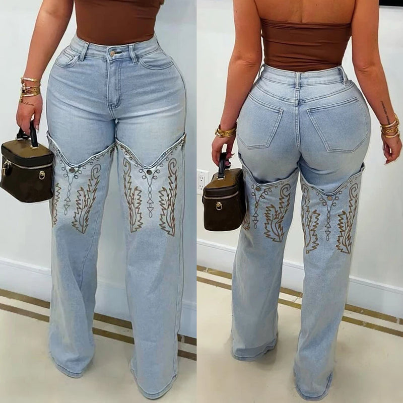 Striped Embroidery Straight Jeans | MzStar Fashion