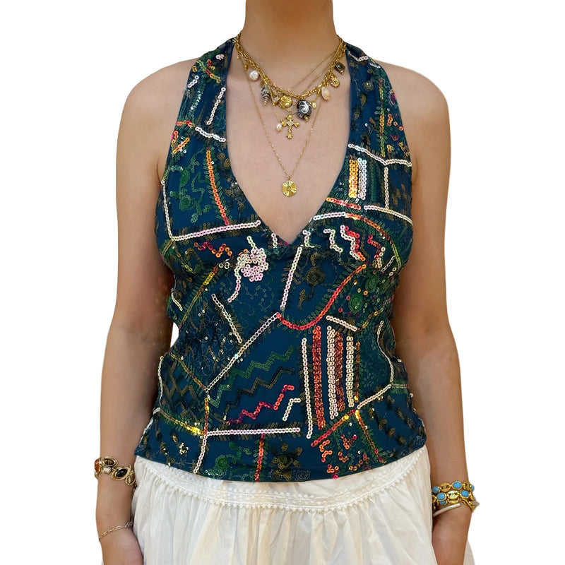 Sequin Deep-V Halter Top | MzStar Fashion | view 8