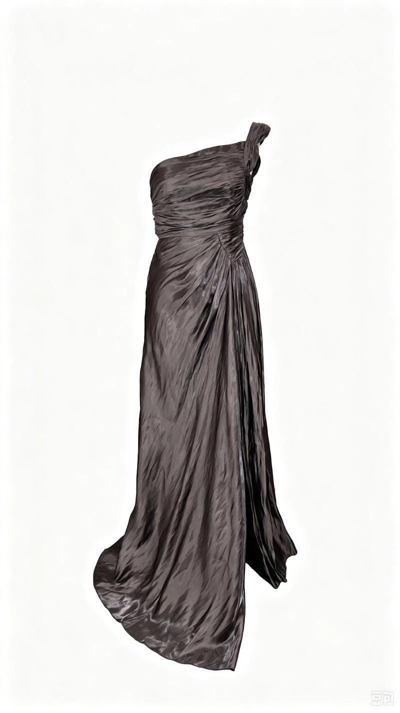 Olive Satin One-Shoulder Gown | MzStar Fashion | view 3