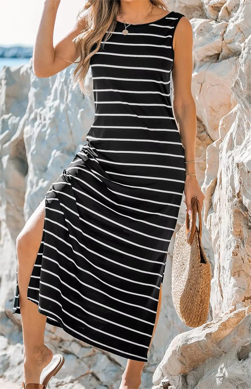 Elegant Black and White Striped Side Slit Vacation Dress | MzStar Fashion | view 3