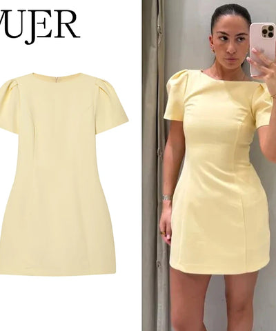 Yellow Pleated Party Mini Dress | MzStar Fashion