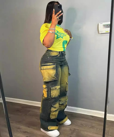 Dip-Dye High-Waist Work Jeans | MzStar Fashion