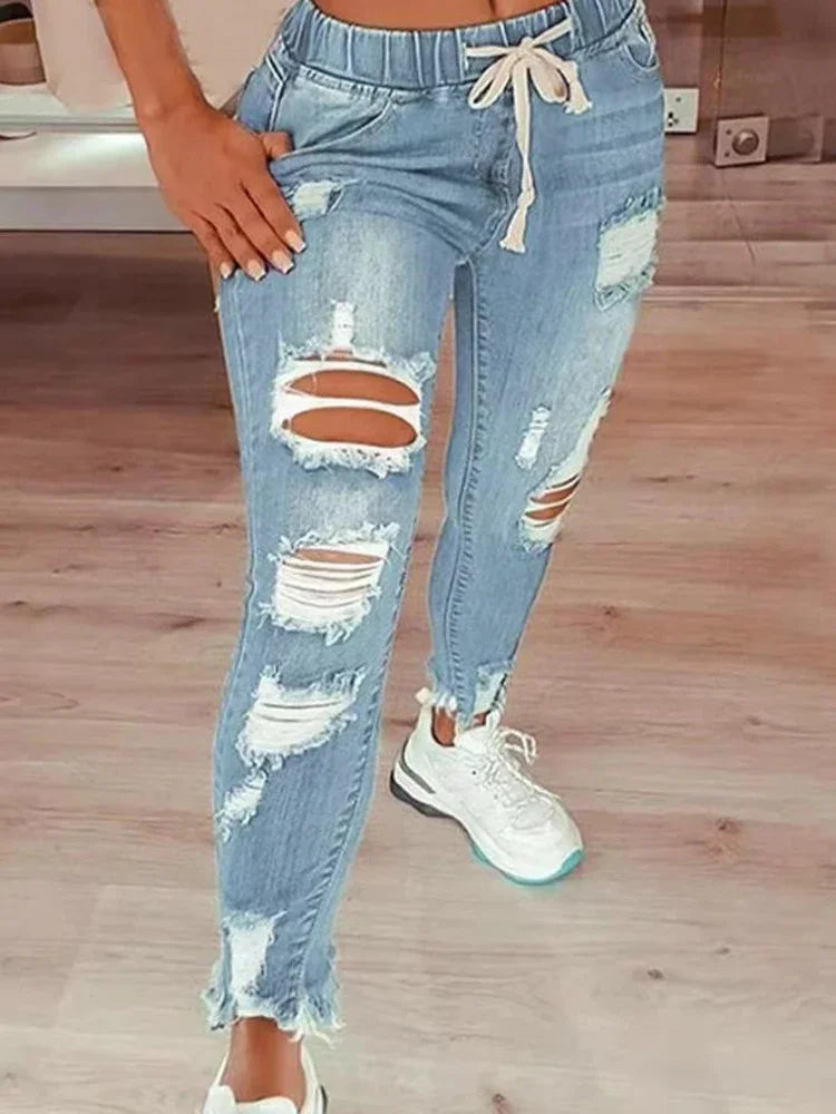 Drawstring Ripped Pencil Jeans | MzStar Fashion | view 7