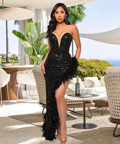 Feather Sequin Evening Gown | MzStar Fashion