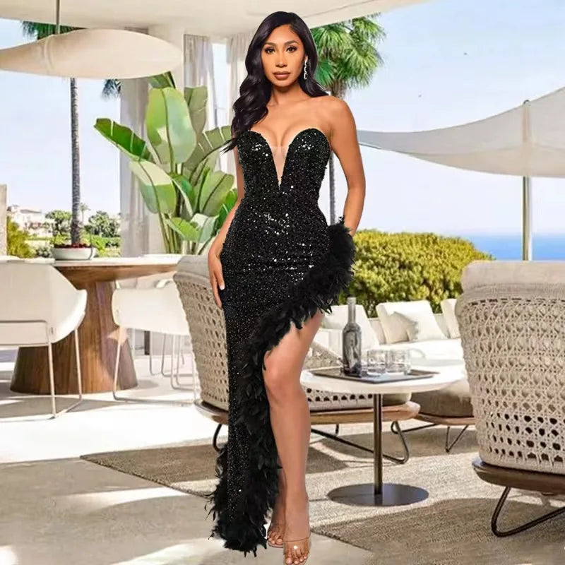 Feather Sequin Evening Gown | MzStar Fashion