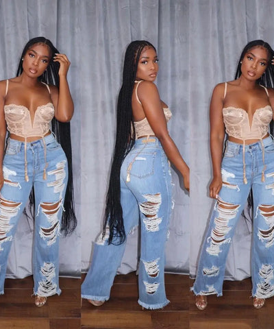 Splice Ripped Straight Jeans | MzStar Fashion