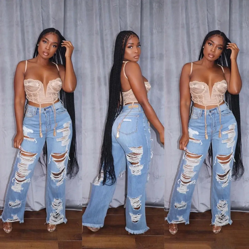 Splice Ripped Straight Jeans | MzStar Fashion