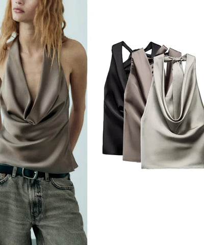 Satin Bow Halter Top | MzStar Fashion