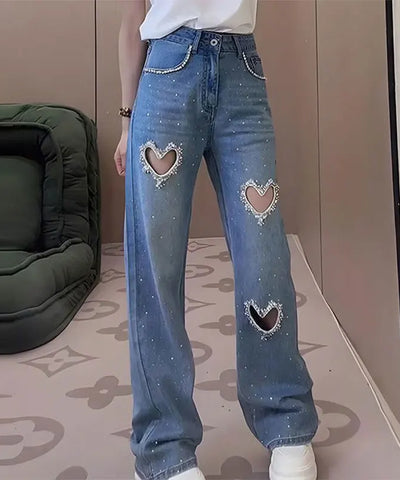 Heart Cut-Out Beaded Jeans | MzStar Fashion