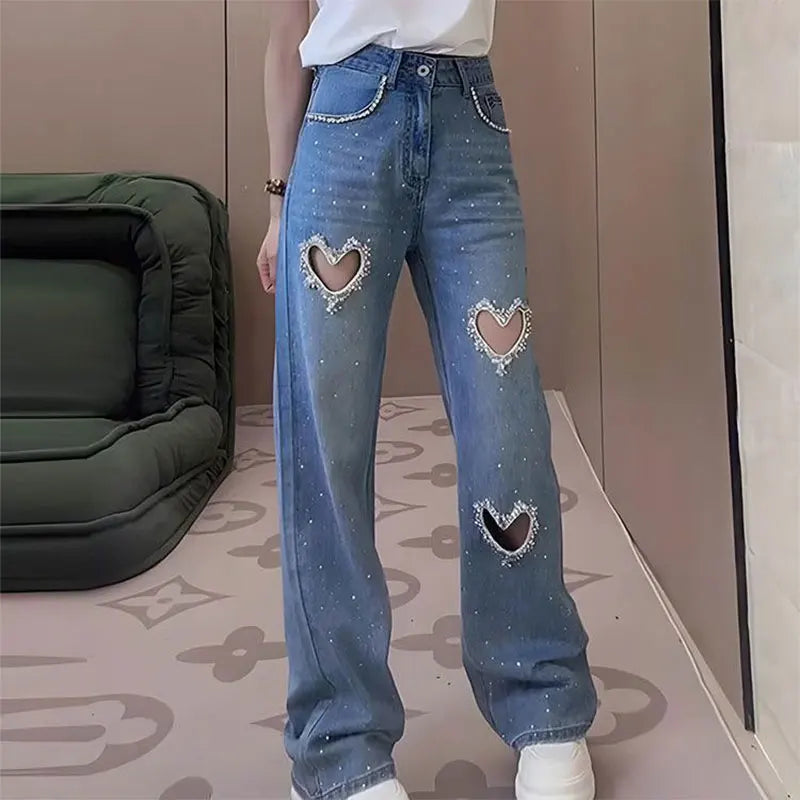 Heart Cut-Out Beaded Jeans | MzStar Fashion