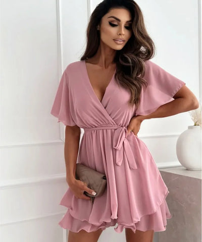 Cross-Strap Ruffle Chiffon Dress | MzStar Fashion