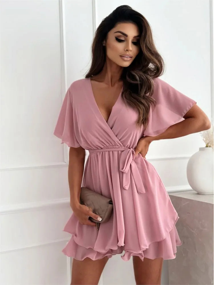 Cross-Strap Ruffle Chiffon Dress | MzStar Fashion