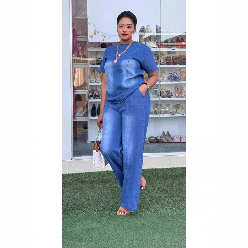 Denim Tee & Wide-Leg Pants Set | MzStar Fashion | view 2