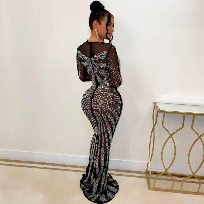 Crystal Mesh Long-Sleeve Gown | MzStar Fashion | view 5