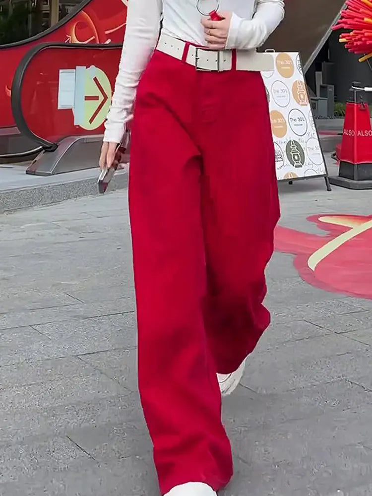 Retro Red Wide-Leg Jeans | MzStar Fashion | view 4