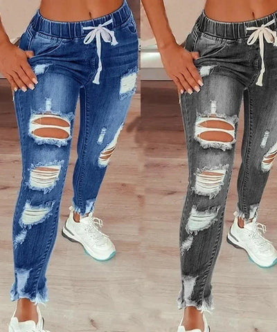 Drawstring Ripped Pencil Jeans