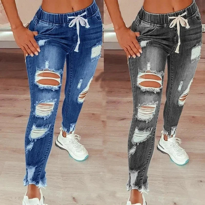 Drawstring Ripped Pencil Jeans | MzStar Fashion | view 2