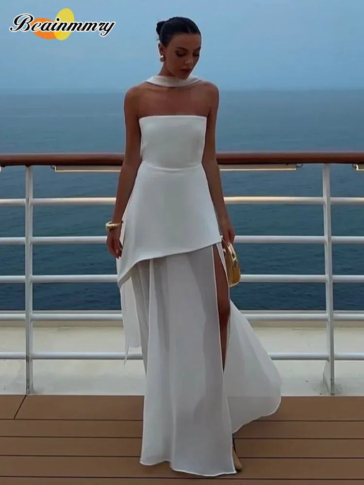 White Mesh Strapless Gown | MzStar Fashion