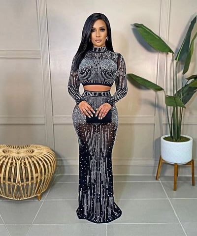 Pearl Chain Rhinestone Sheer Dress