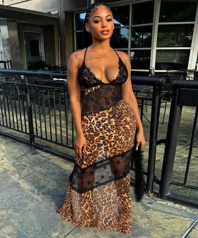 Leopard Lace Fishtail Maxi Dress