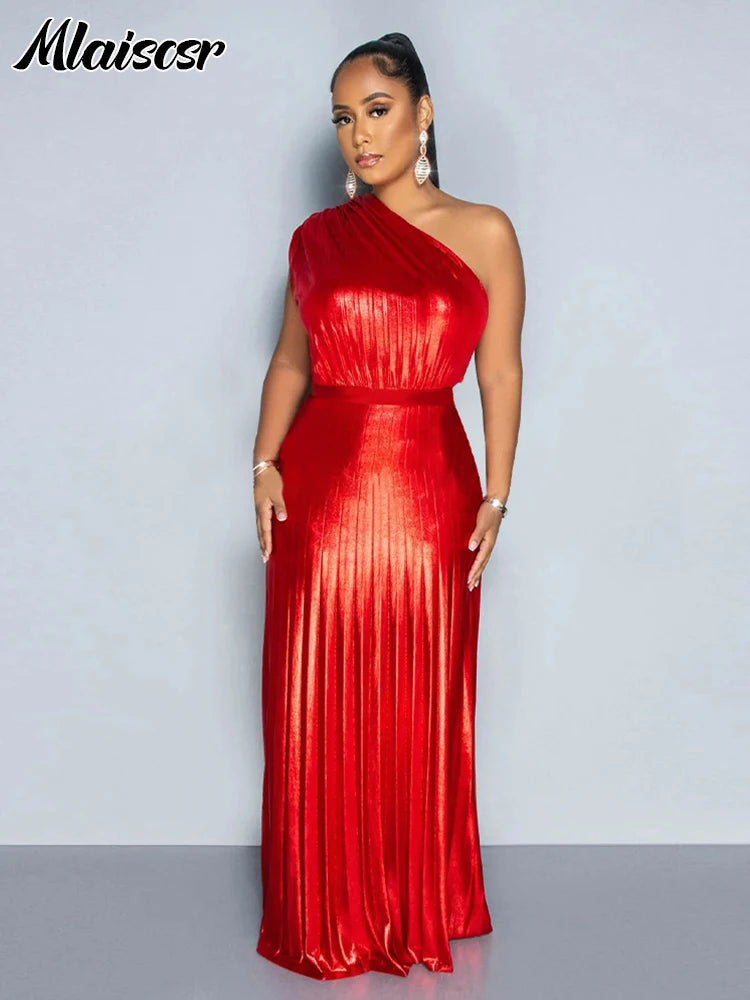 Golden Pleated One-Shoulder Gown | MzStar Fashion | view 3