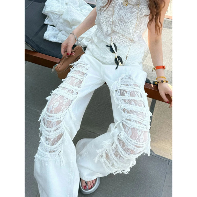 White Lace Cut-Out Jeans | MzStar Fashion | view 3