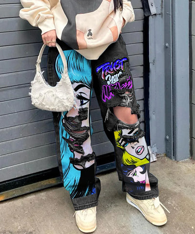 Graphic Print Ripped Jeans