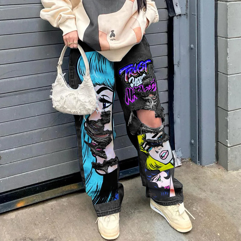 Graphic Print Ripped Jeans | MzStar Fashion | view 2