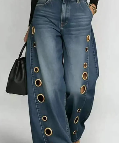 Gold Eyelet Wide-Leg Jeans