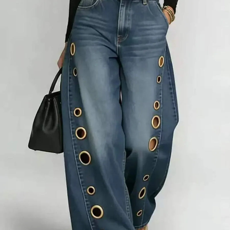 Gold Eyelet Wide-Leg Jeans | MzStar Fashion | view 2