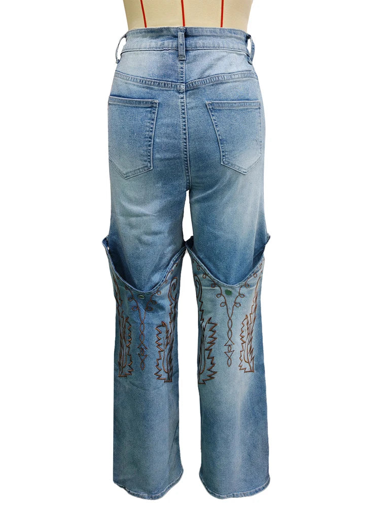 Striped Embroidery Straight Jeans | MzStar Fashion | view 6