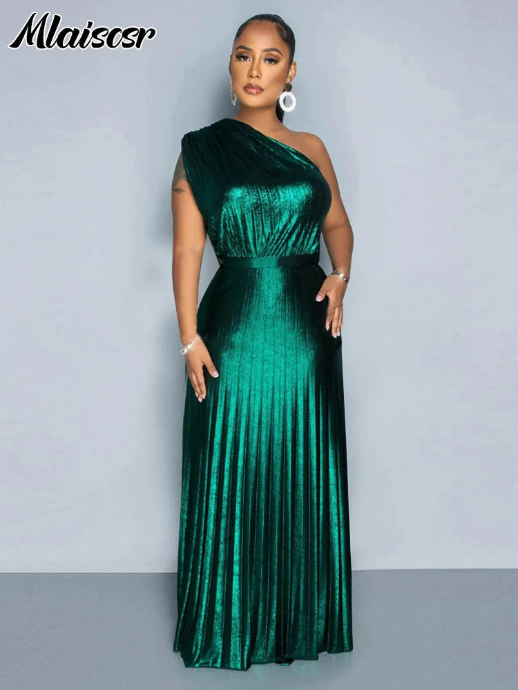 Golden Pleated One-Shoulder Gown | MzStar Fashion | view 4