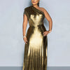 Golden Pleated One-Shoulder Gown | MzStar Fashion