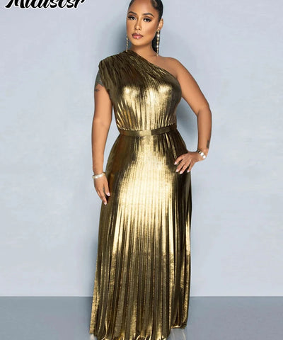 Golden Pleated One-Shoulder Gown | MzStar Fashion
