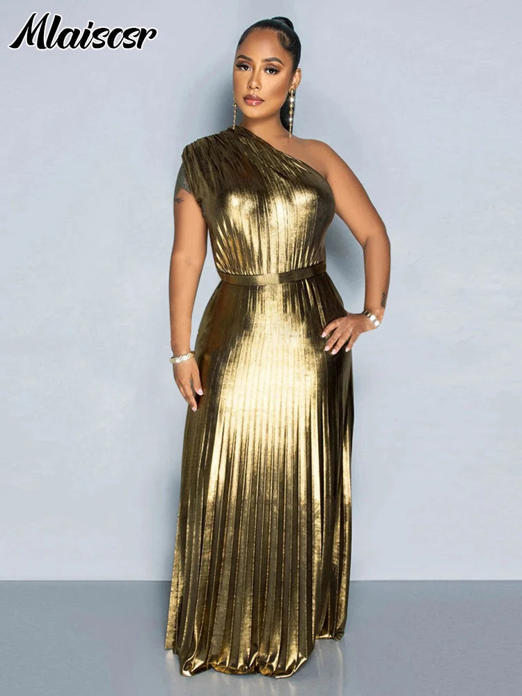Golden Pleated One-Shoulder Gown | MzStar Fashion