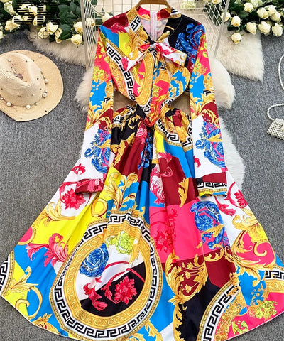 Vintage Print Lace-Up Maxi Dress | MzStar Fashion