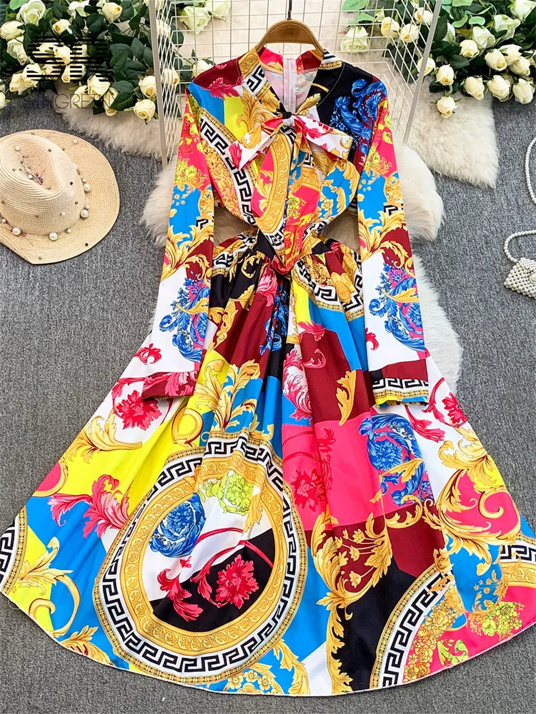 Vintage Print Lace-Up Maxi Dress | MzStar Fashion