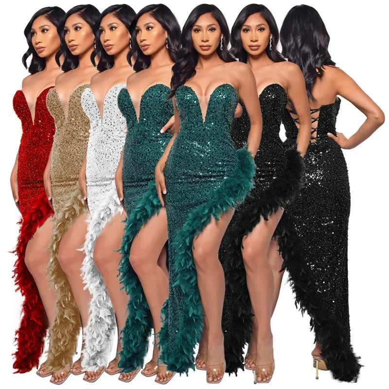 Feather Sequin Evening Gown | MzStar Fashion | view 7