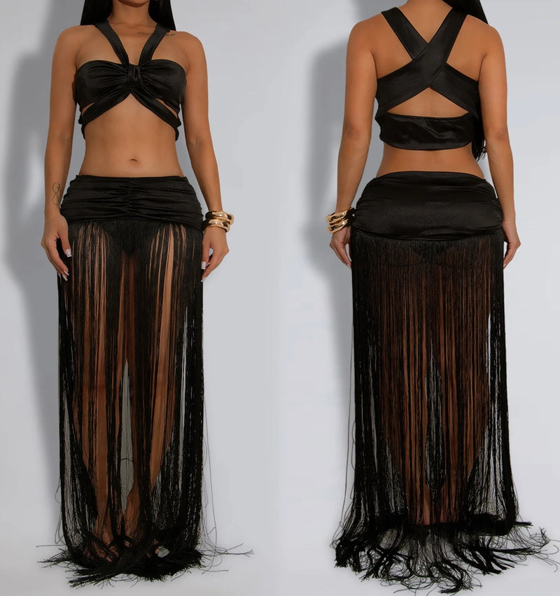 Tassel Knit Two-Piece Maxi Dress Set | MzStar Fashion | view 3