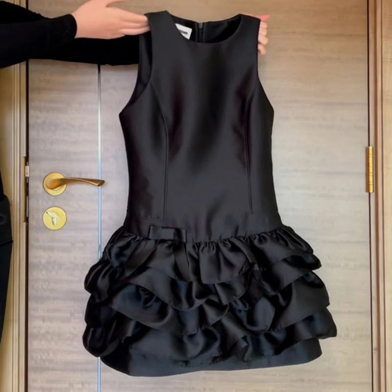 Black Satin Ruffle Vest Dress | MzStar Fashion | view 4