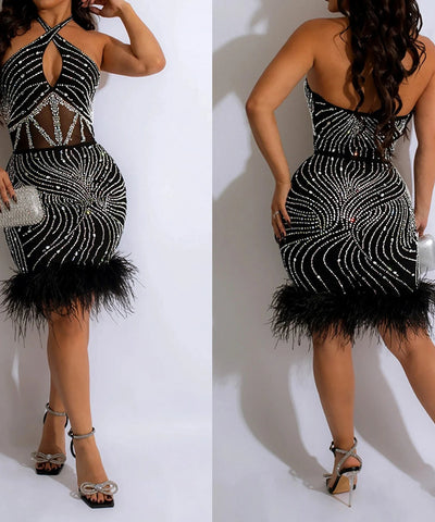 Diamond Mesh Halter Cocktail Dress