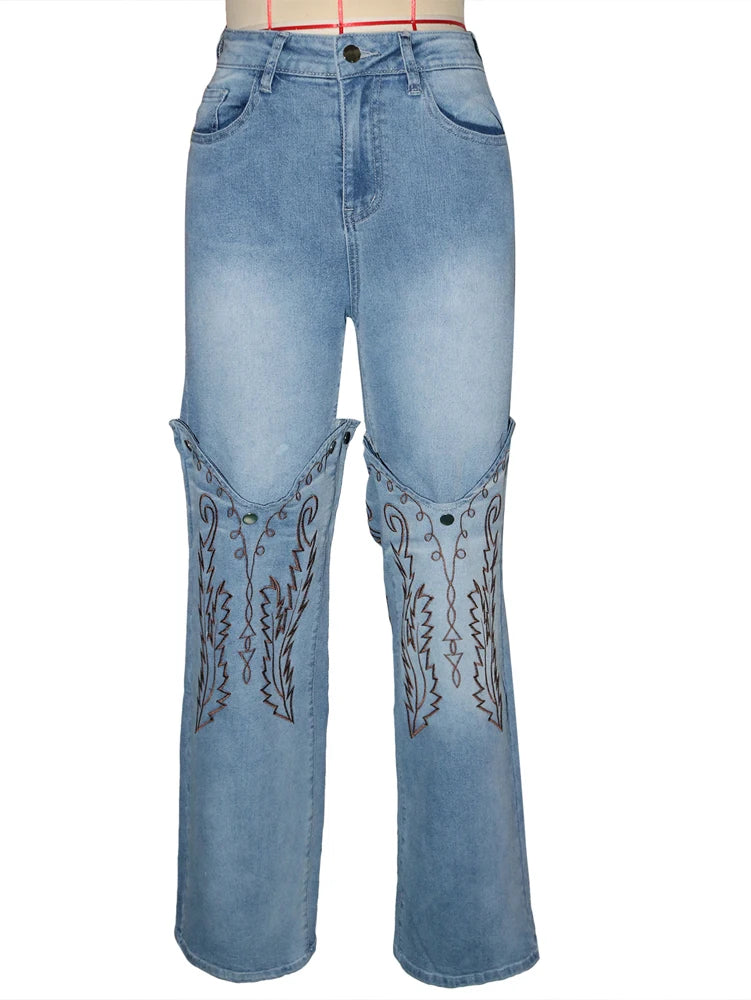 Striped Embroidery Straight Jeans | MzStar Fashion | view 4